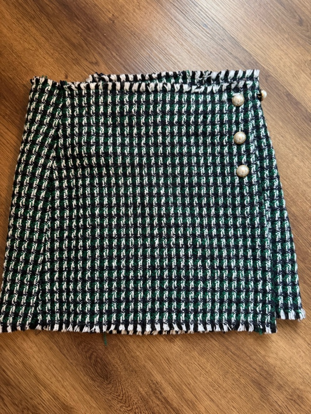 storets Green, Black & White Tweed Mini Skirt with Gold Buttons